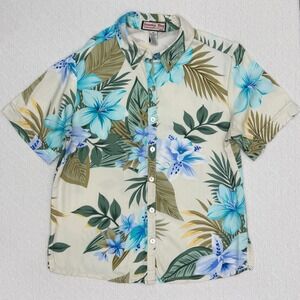 Jamaica Bay Tropical Floral Rayon Button Up Shirt Blue Cream Hawaiian Womens PM